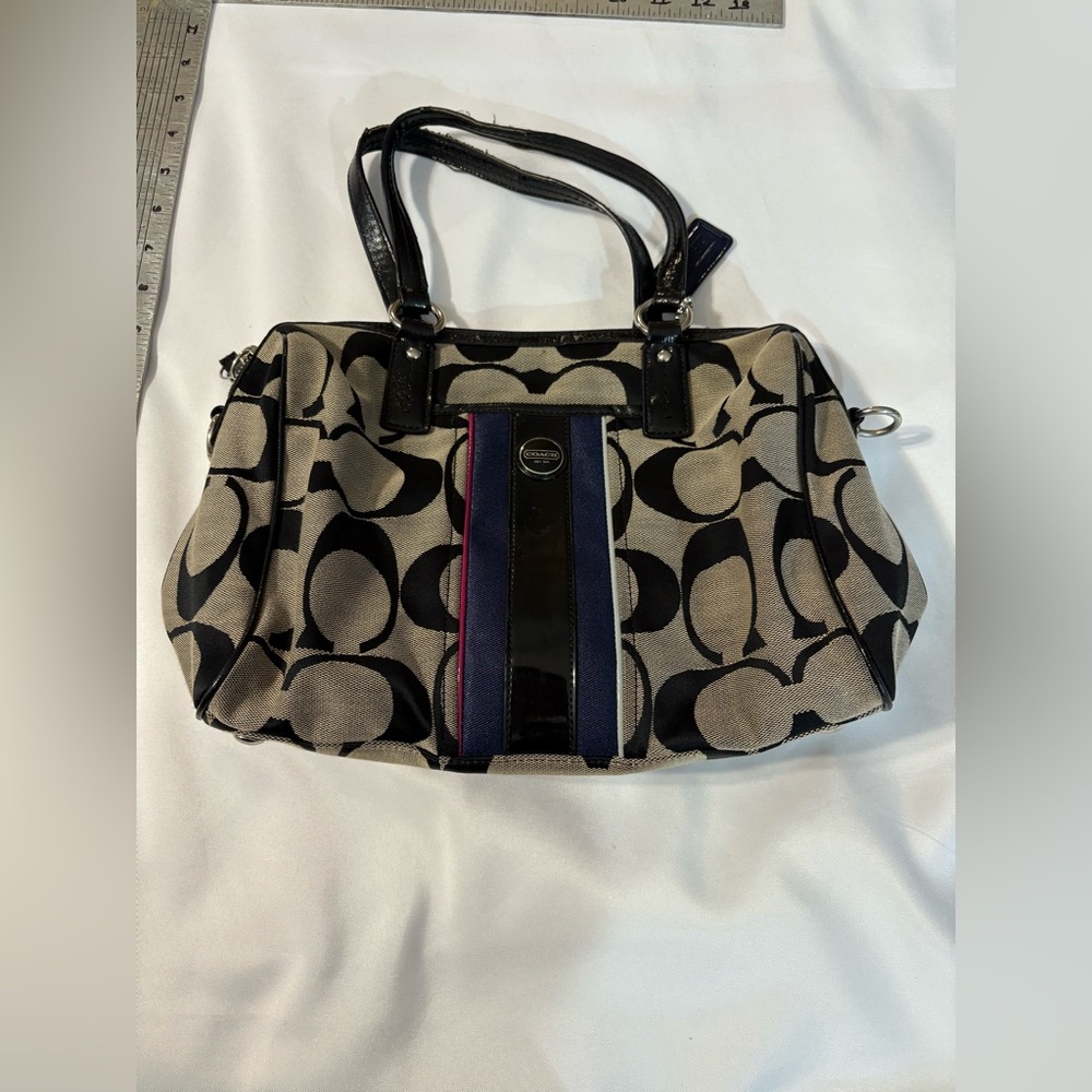 Coach Women’s Signature MultiStripe Satchel bag purse Tan Black‎ EST 13 X 11